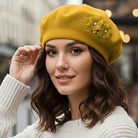 Floral Applique Accent Winter Beret Hat