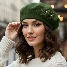 Floral Applique Accent Winter Beret Hat