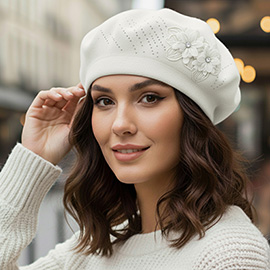 Floral Applique Accent Winter Beret Hat