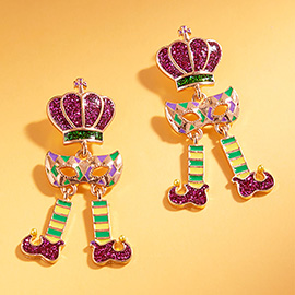 Glitter Enamel Mardi Gras Jester Crown Mask Shoes Link Drop Earrings
