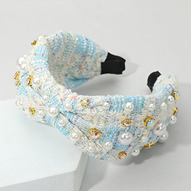 Pearl Stone Cluster Embellished Tweed Knot Headband