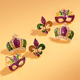 3Pairs - Glitter Enamel Mardi Gras Crown Mask Fleur de Lis Stud Earring Set