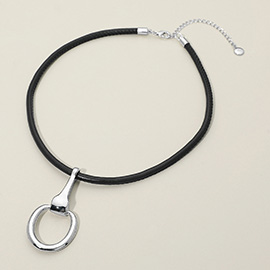 Metal Horsebit Pendant Faux Leather Cord Necklace