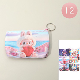 12PCS - Monster Bunny Character Printed Mini Keychain Coin Purse Bags