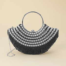Crystal Rhinestone Fringe Embellished Round Handle Crossbody Evening Bag