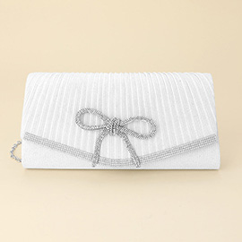 Rhinestone Studded Bow Accent Pleated Evening Crossbody Clutch Bag
