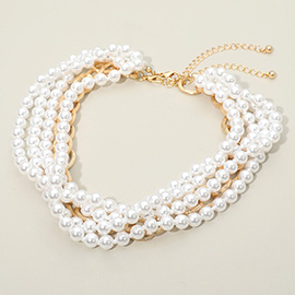 2PCS - Chunky Textured Metal Link Multi Layered Pearl Strand Necklaces