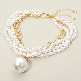 2PCS - Chunky Pearl Pendant Layered Pearl Beaded Strand Necklaces