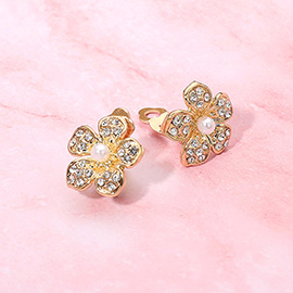 Pearl Accent Rhinestone Paved Petal Flower Evening Clip On Earrings