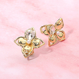 Pearl Crystal Accent Four Petal Flower Clip On Earrings