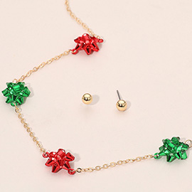 Christmas Gift Bow Charm Link Station Necklace