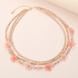 Matte Petal Flower Seed Beaded Layered Necklace