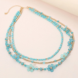 Matte Petal Flower Seed Beaded Layered Necklace