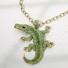 Bold Bling Studded Alligator Pendant Chunky Chain Statement Necklace