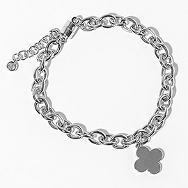 White Gold Dipped Quatrefoil Charm Chunky Chain Link Bracelet