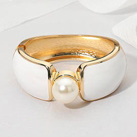 Bold Central Pearl Accent Wide Enamel Hinged Bangle Bracelet
