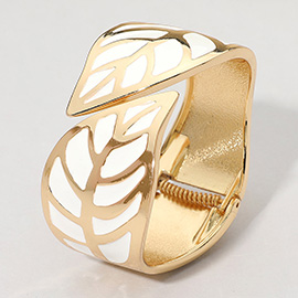 Wide Leaf Cutout Enamel Inlay Hinged Bangle Bracelet