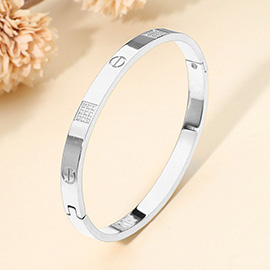 SECRET BOX_Stainless Steel Geometric Accent Hinged Bangle Bracelet