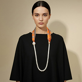 SECRET BOX_Pattern Print Fabric Scarf Pearl Magnetic Necklace