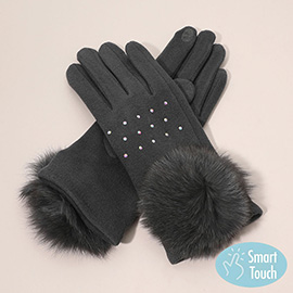 Faux Fur Cuff Pom Rhinestone Embellished Smart Touch Winter Gloves