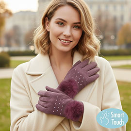 Faux Fur Cuff Pom Rhinestone Embellished Smart Touch Winter Gloves