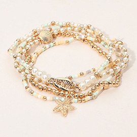 5PCS - Starfish Seashell Charm Pearl Seed Beaded Stretch Multi Layered Bracelets