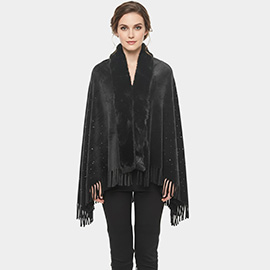 Rhinestone Embellished Fringe Faux Fur Poncho Wrap
