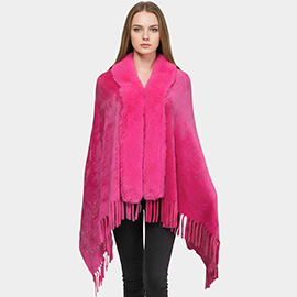 Rhinestone Embellished Fringe Faux Fur Poncho Wrap