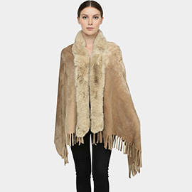 Rhinestone Embellished Fringe Faux Fur Poncho Wrap