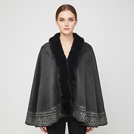 Faux Fur Trim Rhinestone Embellished Hem Poncho Shawl