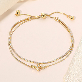 18k Gold Dipped Rhinestone Paved H Accent Double Layered Cinch Pull Tie Evening Bracelet