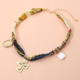 Boho Metal Cross Square Pearl Floral Oval Charm Fabric Necklace