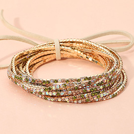 12PCS - Ribbon Colorful Rhinestone Layered Stretch Bracelets