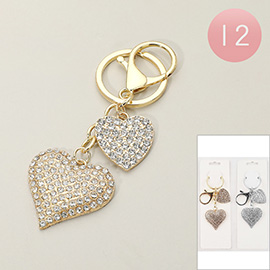 12PCS - Sparkling Stone Paved Double Heart Keychains