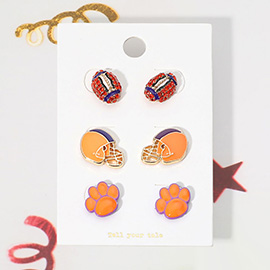 3Pairs - Game Day Spirit Ball Helmet Paw Stud Earring Set