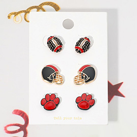 3Pairs - Game Day Spirit Ball Helmet Paw Stud Earring Set