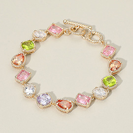 14K Gold Plated CZ Multi Stone Cluster Link Toggle Bracelet