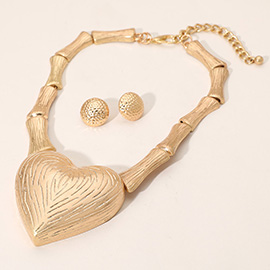 Bold Textured Metal Heart Accent Bamboo Link Statement Necklace