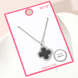 Silver Dipped Rhinestone Trim Quatrefoil Pendant Necklace