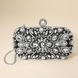 Pearl Clasp Crystal Stone Embellished Evening Crossbody Clutch Bag