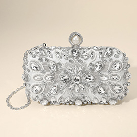 Pearl Clasp Crystal Stone Embellished Evening Crossbody Clutch Bag