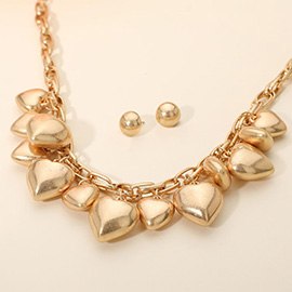 Chunky Puffy Brushed Metal Heart Charm Embellished Necklace