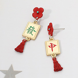 Mahjong Tile Tassel Drop Dangle Earrings