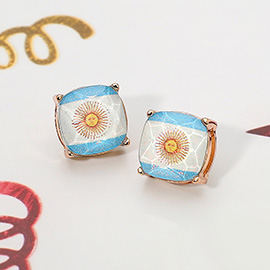 Argentina Flag Printed Faceted Cushion Stud Earrings