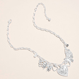 Heart Butterfly Bow Pearl Flower Charm Station Necklace