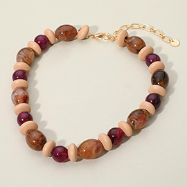 Chunky Marbled Resin Pebble Wood Beaded Necklace