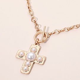 Pearl Accent Cross Toggle Pendant Statement Necklace