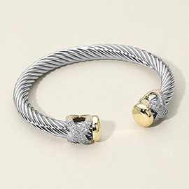 CZ Stone Paved Crisscross Accent Two Tone Twisted Cable Cuff Bracelet