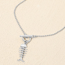 Metal Fishbone Toggle Pendant Beaded Chain Necklace