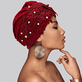 Floral Lace Pearl Embellished Turban Hair Wrap